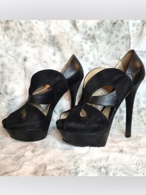 Authentic Fendi Black Suede Leather Butterfly Peep Toe Platform Heels EU38 / US8